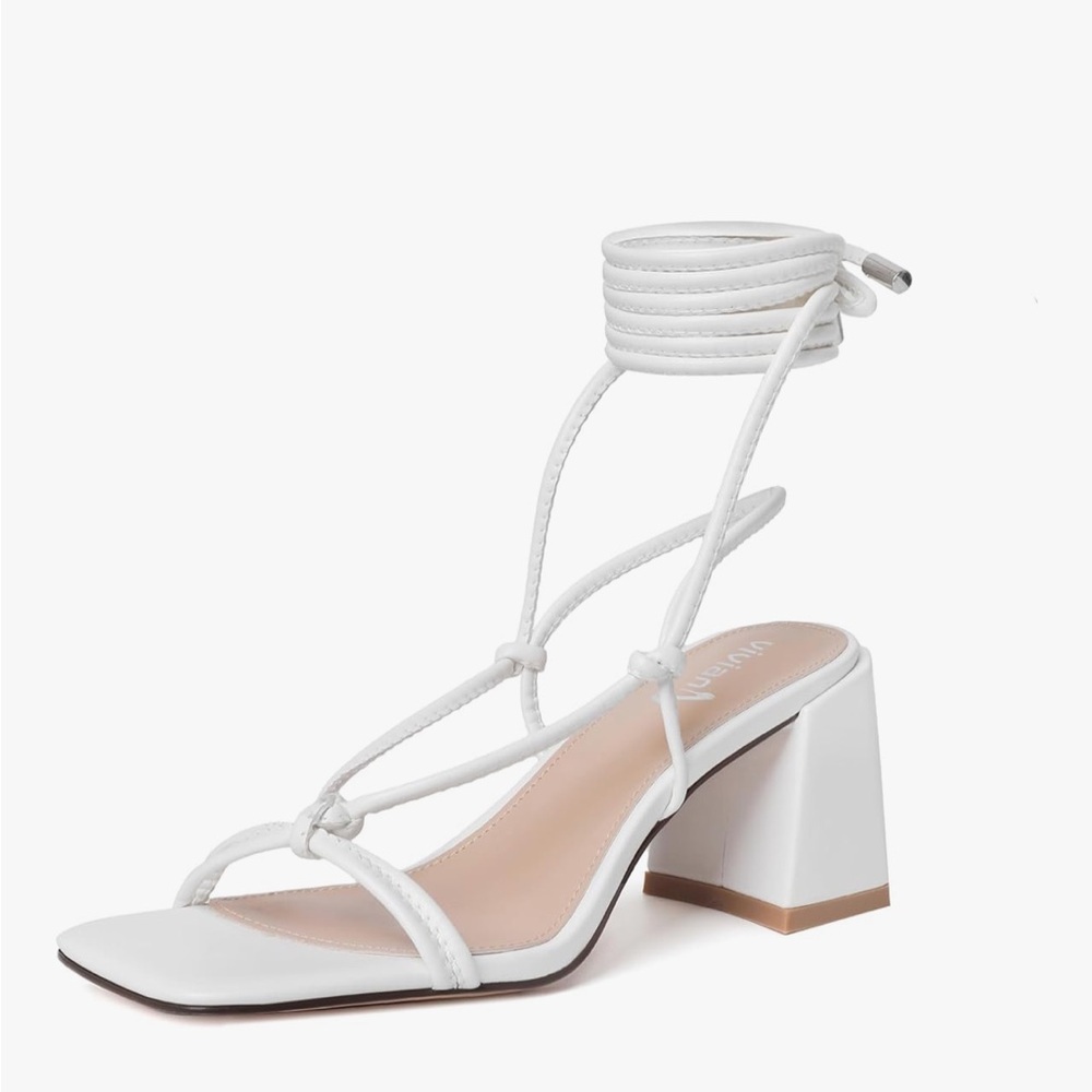 White Lace Up Heels - Picture 2 of 9